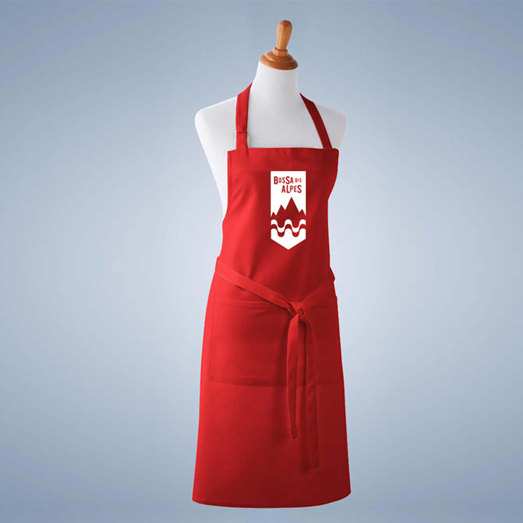 red apron with white logo